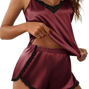 Ekouaer Satin Lace-Trim Cami & Short Sleep Set - Burgundy with Black Lace LWT